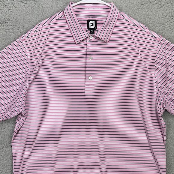 FootJoy FJ Men Golf Polo Shirt 2XL Pink Black Stripes Stretch Rugby Short Sleeve
